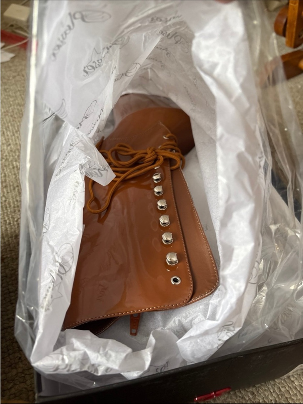 Pleaser Caramel Brown Patent Lace-Up Platform Ankle Boots - Picture 4 of 4